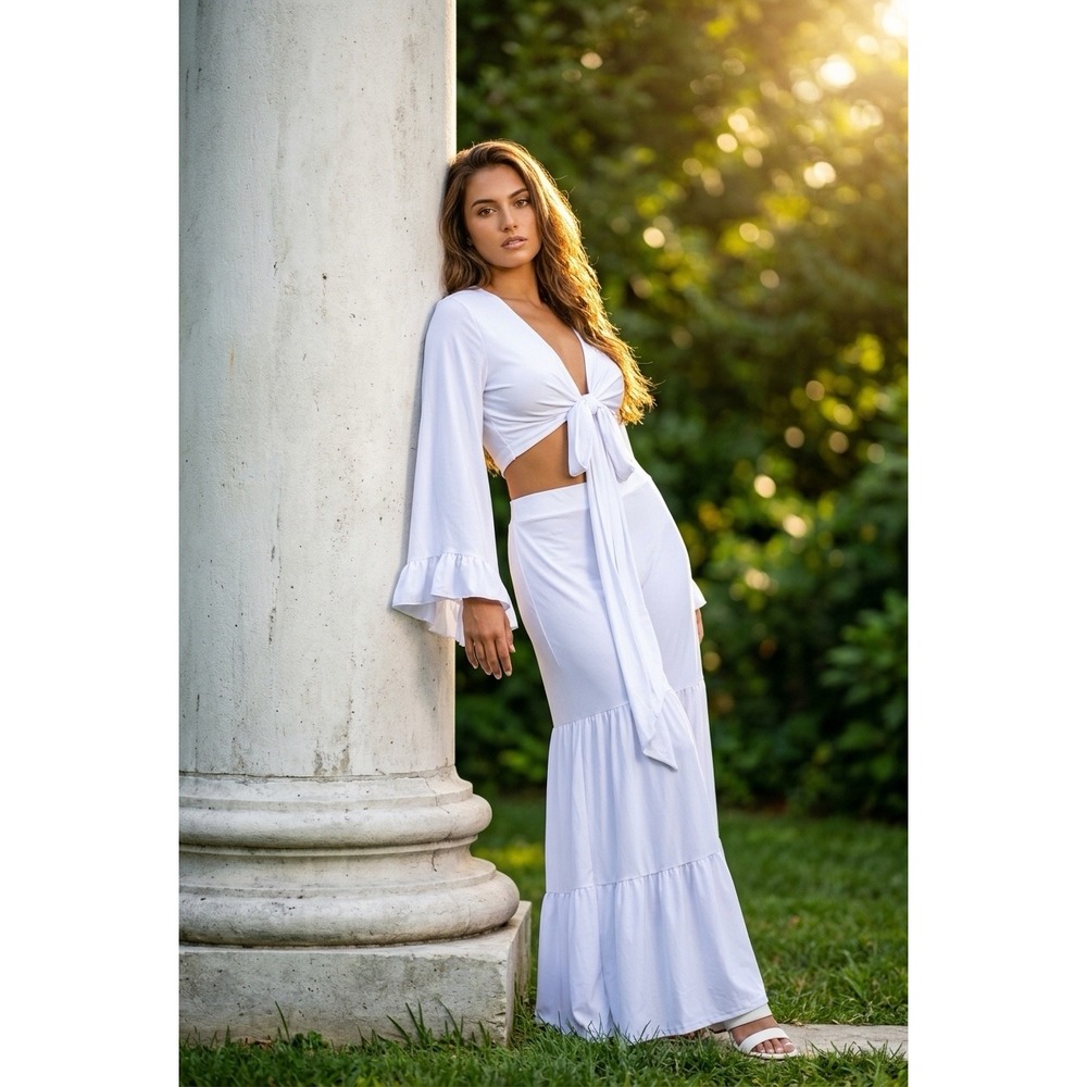 VIVA CHIC White Long Sleeve‎ V-Neck Tie Front Palazzo Pants Set Size 1XL